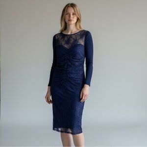 DAVID MEISTER Lace Ruched Sheath Dress Blue